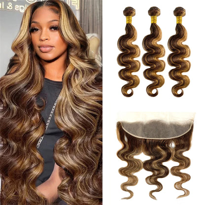 Honey Blonde Bundle With 13x4 Lace Frontal Body Wave Highlight 3 Bundles With Frontal Closure 4/27 Color Human Hair Extensions