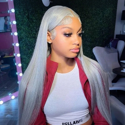 13x6 Straight Lace Front Wig Silver Grey Lace Front Wigs Human Hair Pre Plucked Brazilian Transparent 13x4 Lace Frontal Wig 200%