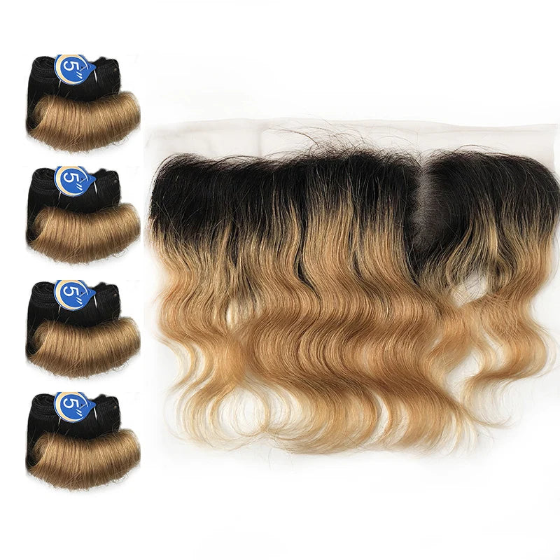 Human Hair Bundles with Body Wave Frontal Ombre Brazilian Curly Weaving Bundles with Closure Frontal 13x4 HD Transparent Lace