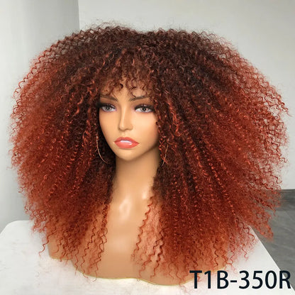 Afro Curly Wigs With Bangs For Black Women Burgundy Wig Synthetic Wine Red Hair Ombre Brown Blonde Cosplay Wig