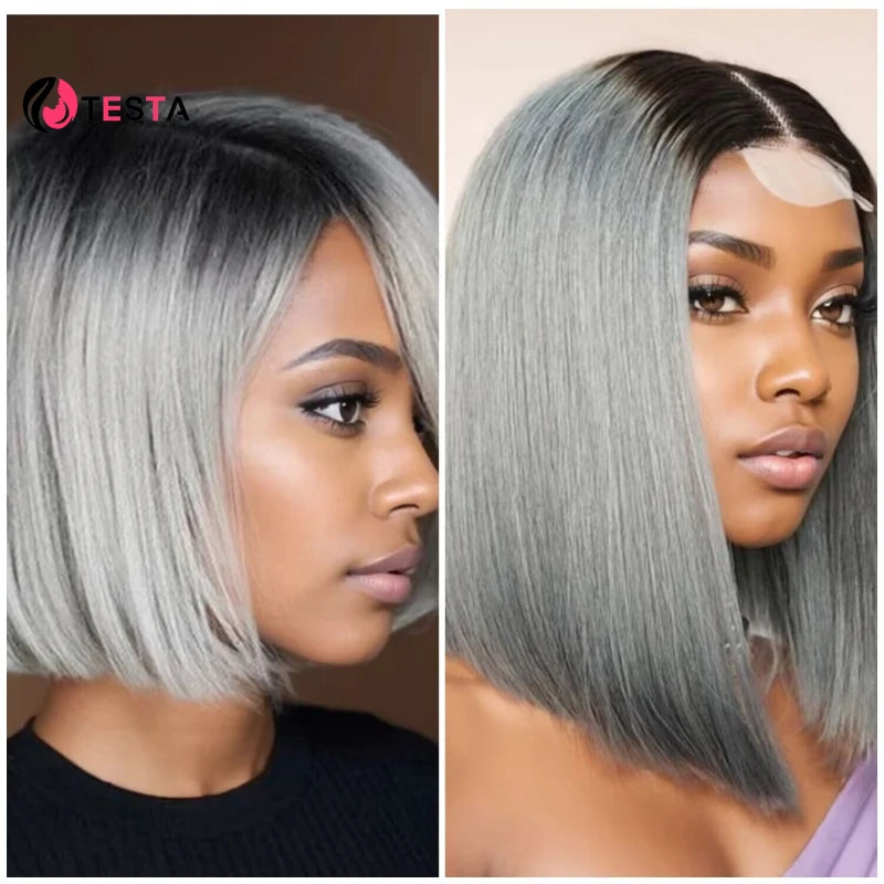 Vietnamese Bone Straight Super Double Drawn Bob Wig Human Hair Omber Grey Wigs 2*4 Lace Closure Wigs Middle Part Kim Closure300%