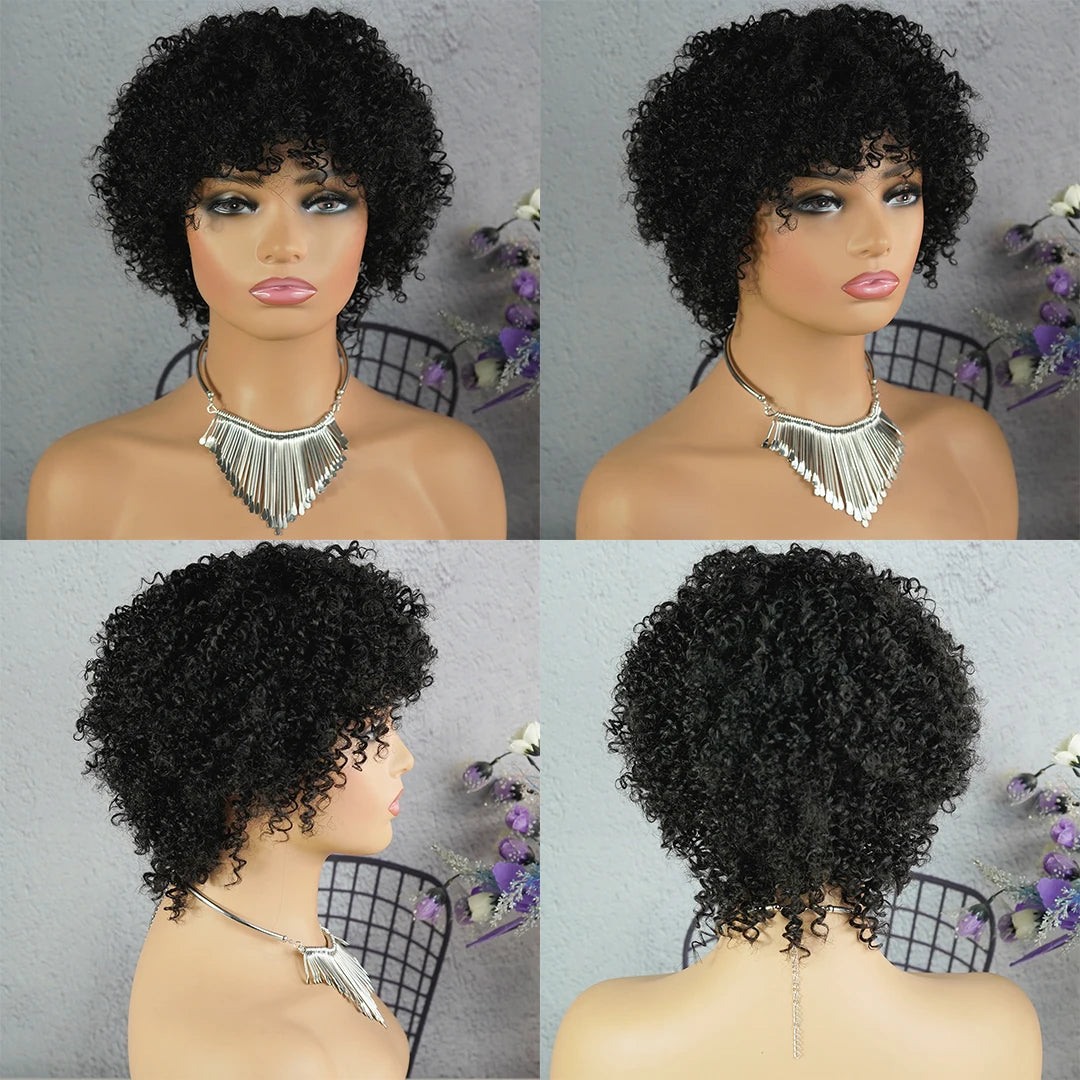 Highlight Afro Kinky Curly Human Hair Wigs for Black Women Ombre Brown Blonde Short Curly Human Hair Wig  Full Machine Wigs