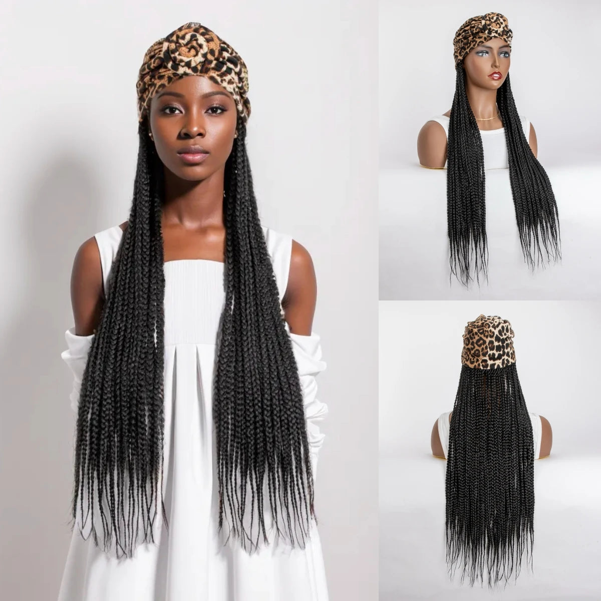 WIGERA Leopard Print Headband Long Braided Synthetic Wig With Turban Hat Box Braiding Hair Extensions Head Scarf  Easy Hairstyle