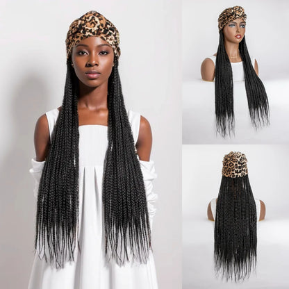 WIGERA Leopard Print Headband Long Braided Synthetic Wig With Turban Hat Box Braiding Hair Extensions Head Scarf  Easy Hairstyle