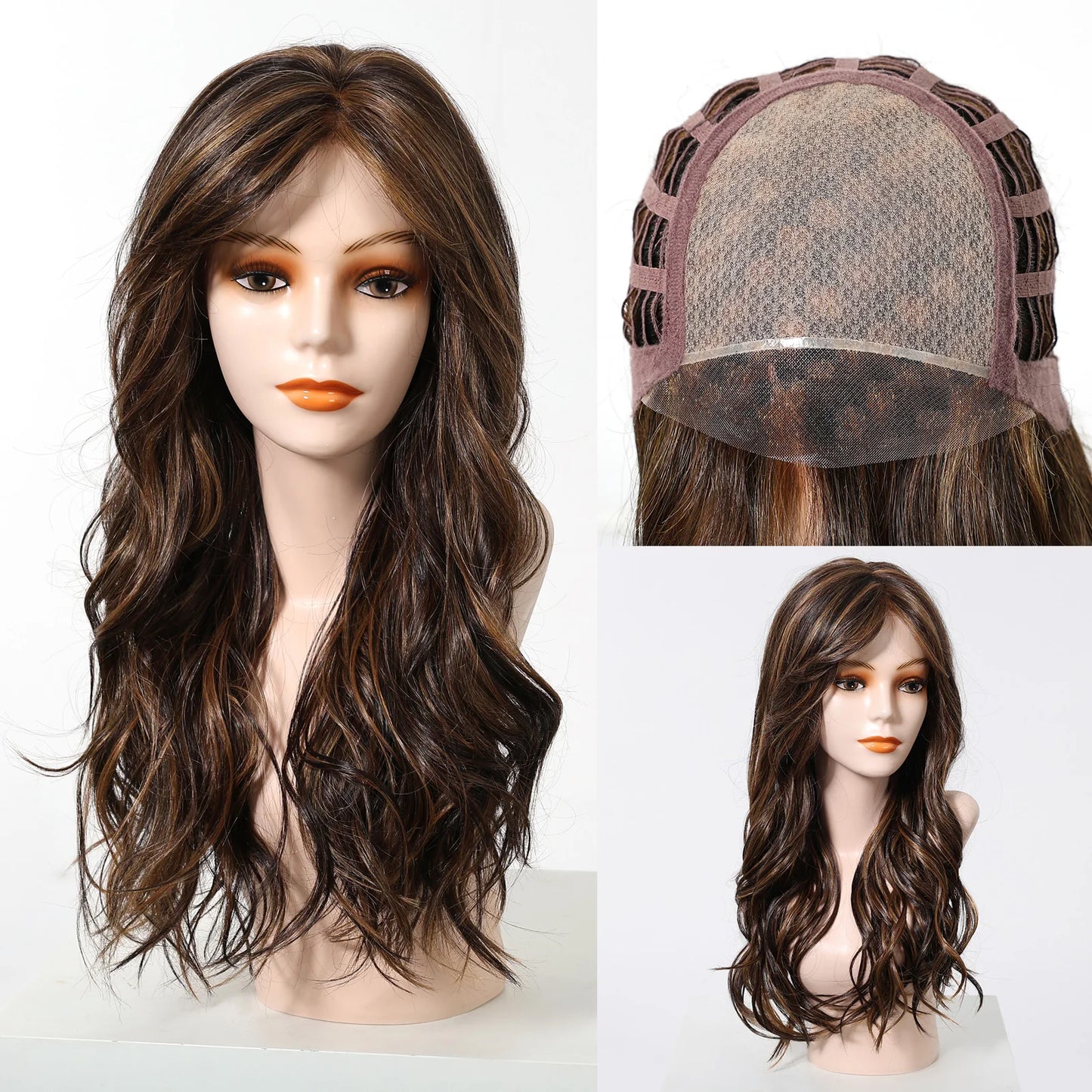 Long Wavy Curly Lace Front Synthetic Wigs for Women Brown With BLonde Highlights MONO Top Wigs Free Part Futura Wigs Glueless