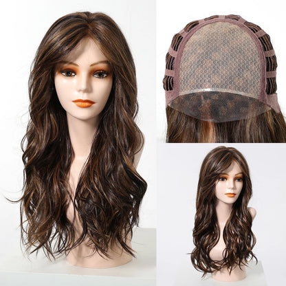 Long Wavy Curly Lace Front Synthetic Wigs for Women Brown With BLonde Highlights MONO Top Wigs Free Part Futura Wigs Glueless