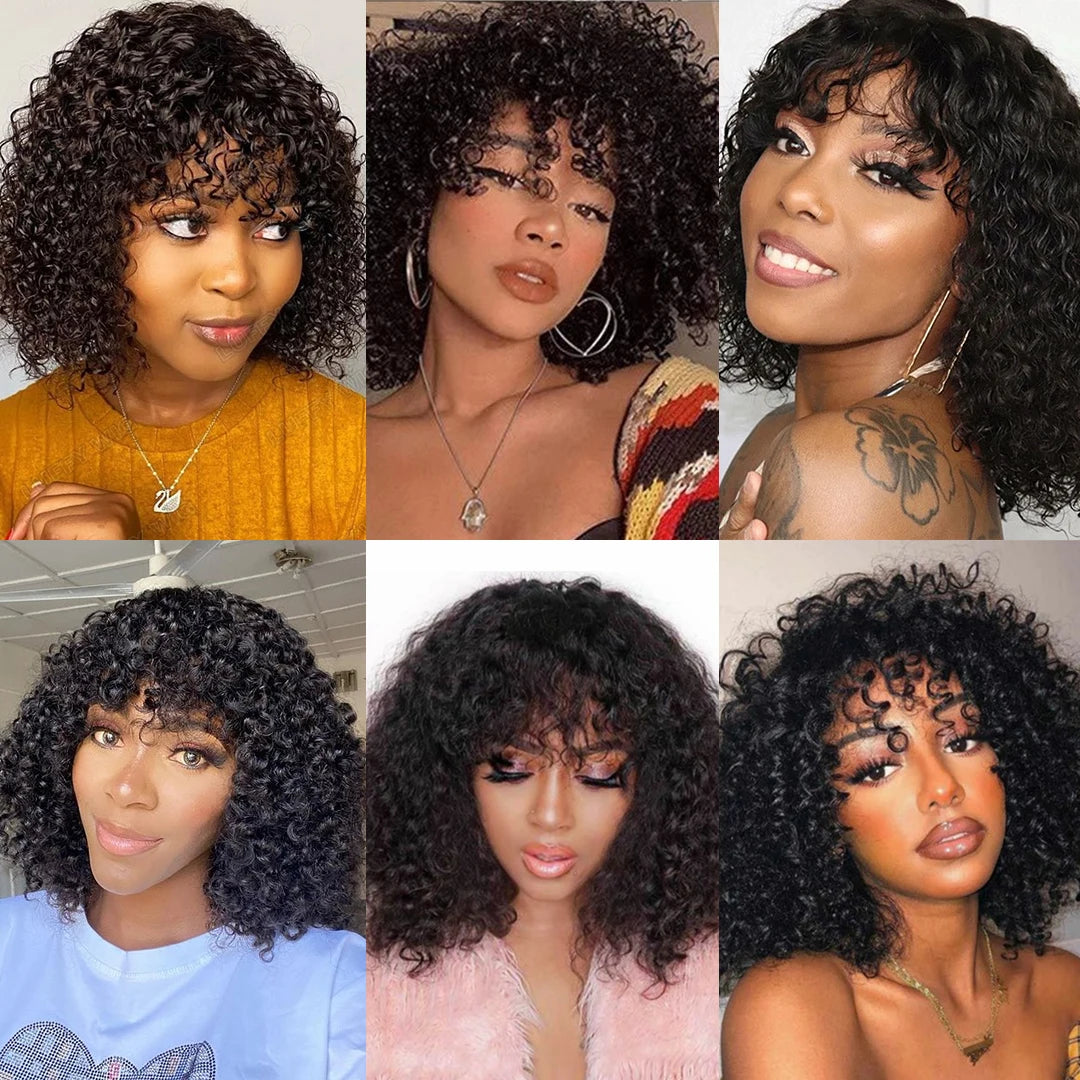 Curly Human Hair Wigs For Women 100% Human Hair Bob Wig Kinky Curly Wig With Bangs Perruque Cheveux Humain Full Machine Made Wig