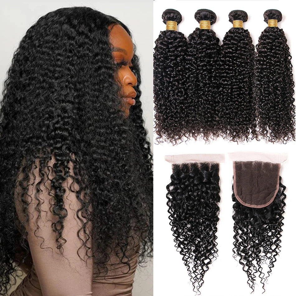 12A Mongolian Afro Kinky Curly 3 Bundles With Closure Human Hair Bundles With HD Closure Deep Curly Weave Bundles With Closure