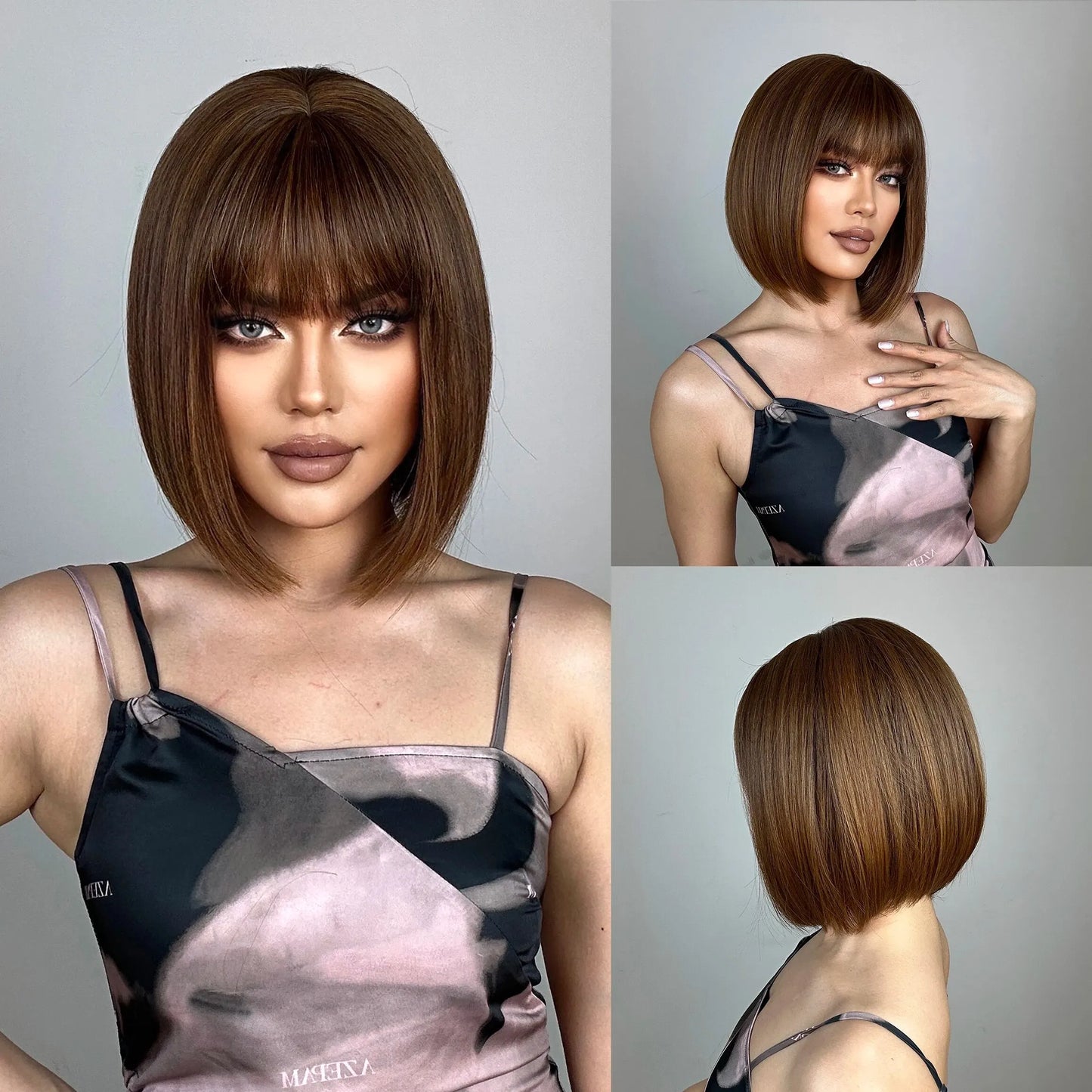 Short Straight Bob Synthetic Wigs Pink Natural Hair Wig with Bangs for Women Cosplay Cute Wig Heat Resistant Fiber