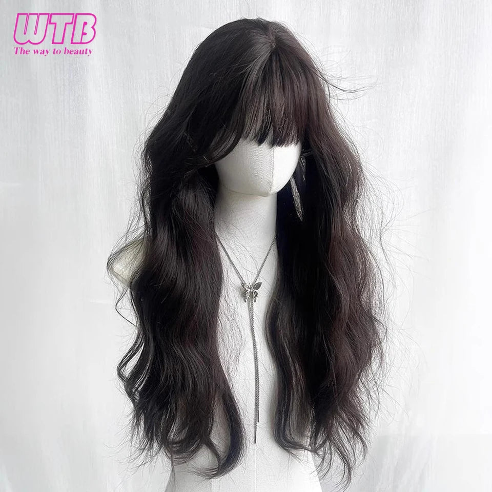 Syntietic WIGS Popular Black Long Deep Wave Hair Lolita Wigs With Bangs Synthetic Wig For Women Fashion Thick Curls Wigs Girl