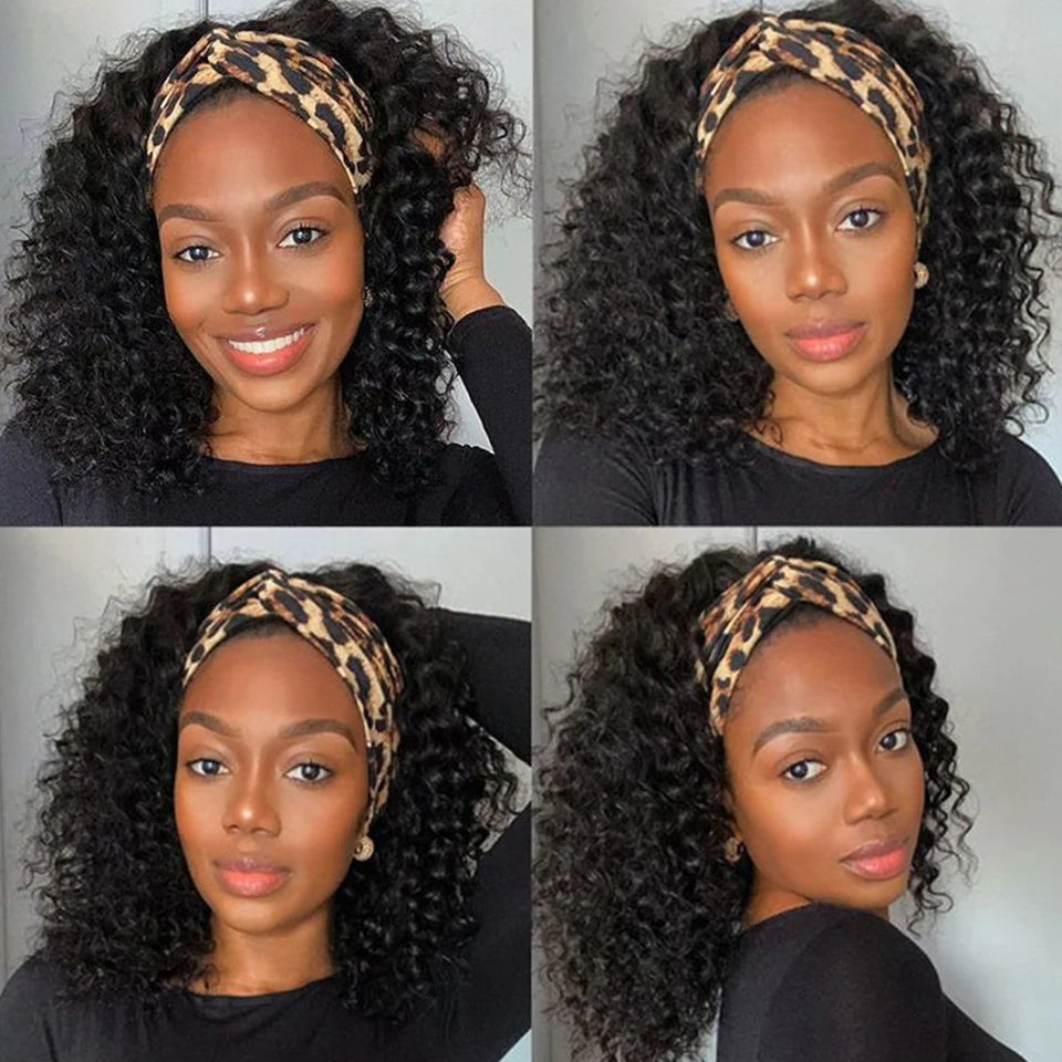 Malaysia Kinky Curly Human Hair Headband Wig For Black Women 180% Density Glueless Remy Jerry Curl Full Machine Made Hair