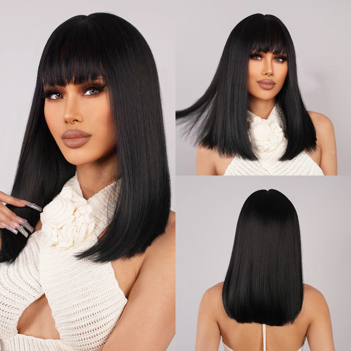 Straight Synthetic Wigs Brown Copper Blonde Mixed Middle Length Wigs with Bangs Blunt Cut Hair for Women Daily Heat Resistant