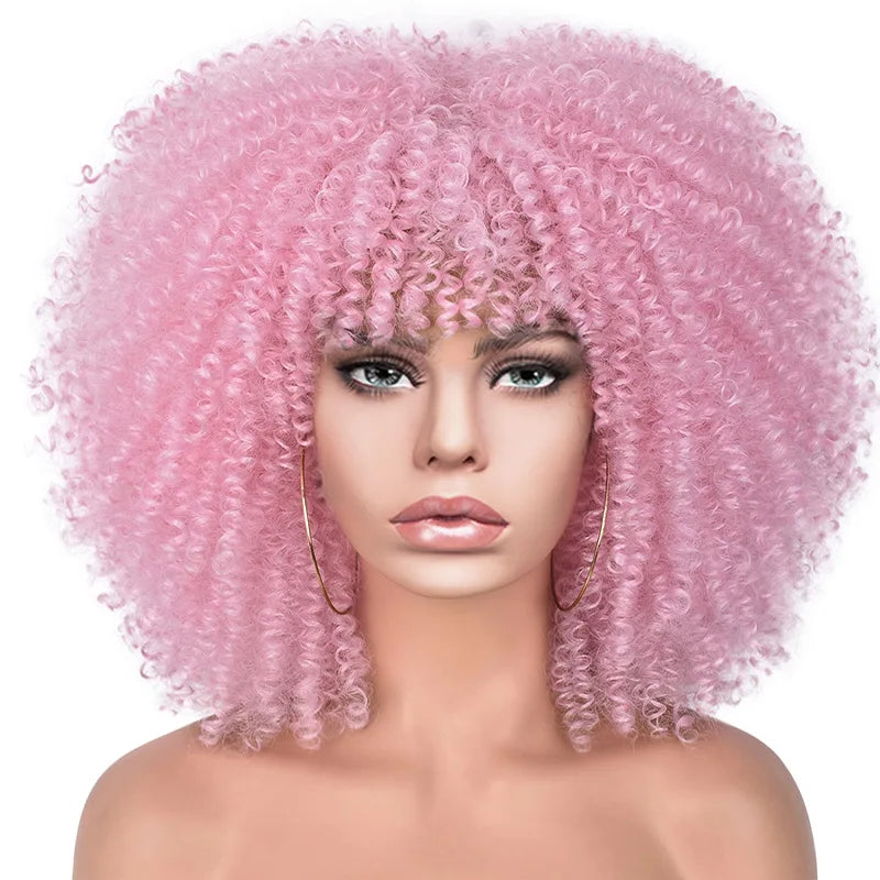 Short Afro Kinky Curly Wig With Bangs For Black Women Synthetic Ombre Glueless Colorful Wig Cosplay Party Halloween Wigs