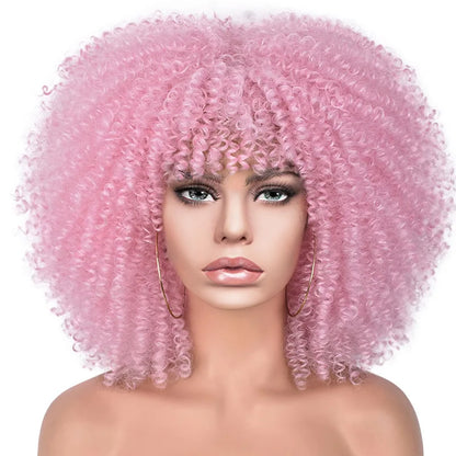 Short Afro Kinky Curly Wig With Bangs For Black Women Synthetic Ombre Glueless Colorful Wig Cosplay Party Halloween Wigs