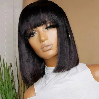 Yaki Straight Bob Wig with Bangs Human Hair 180% Density 10 inch Natural Black Short Bob Wigs Human Hair With Bangs Glueless