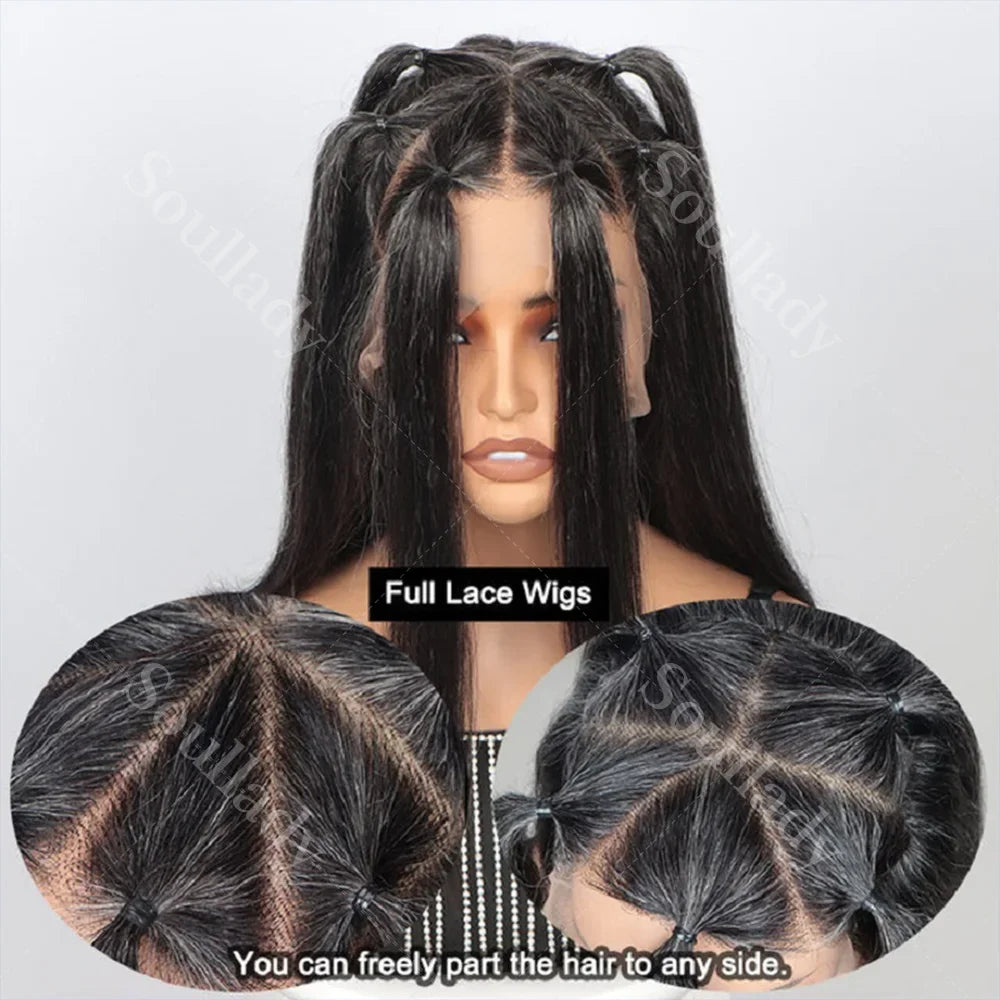 LULUCHIC Full Lace Wigs Silky Straight Lob Dark Salt & Pepper Human Hair Short Bob Part Anywhere High Breathable Cap Wigs
