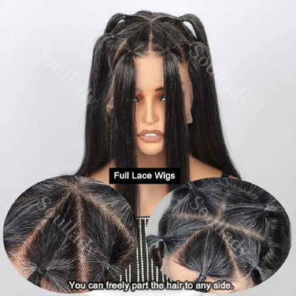 LULUCHIC Full Lace Wigs Silky Straight Lob Dark Salt & Pepper Human Hair Short Bob Part Anywhere High Breathable Cap Wigs