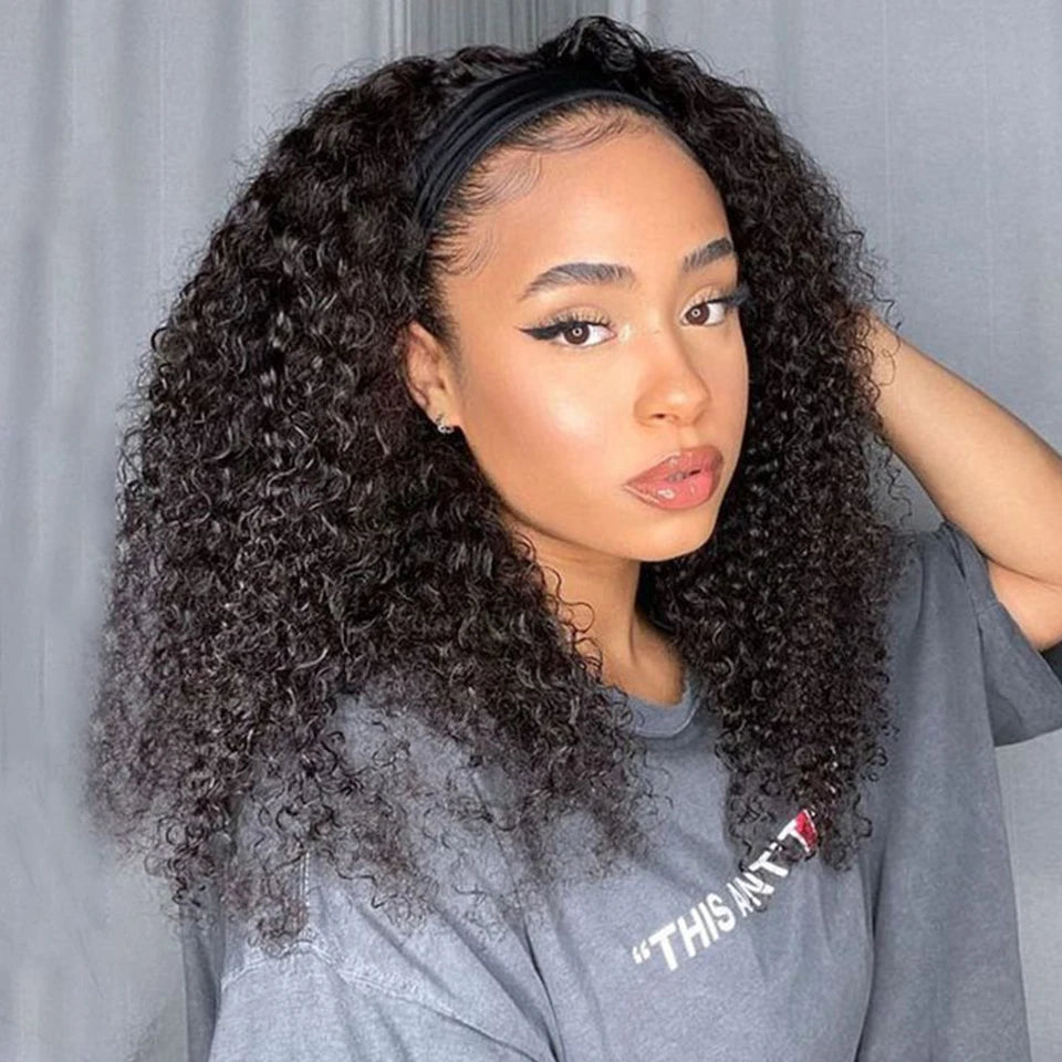 Malaysia Kinky Curly Human Hair Headband Wig For Black Women 180% Density Glueless Remy Jerry Curl Full Machine Made Hair