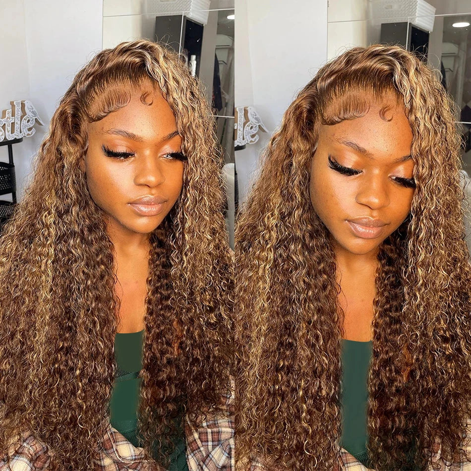 13x4 Hd Front Highlight Wig Brazilian Human Hair Curly Wigs Ombre Honey Blonde Colored Water Wave 30 Inch Deep Wave Frontal Wig