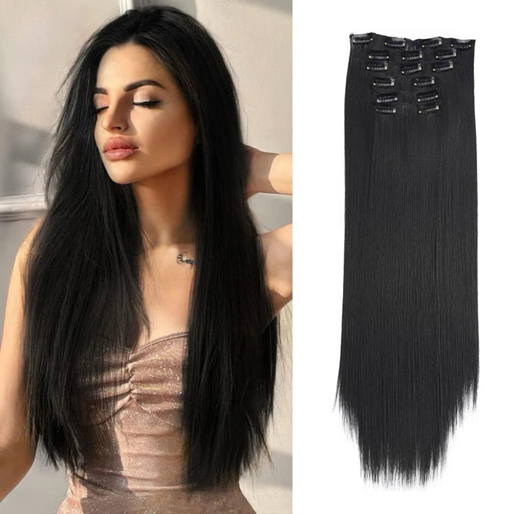 Synthetic Black Hair Extensions 24"/60cm 140g 6pcs/set Women Long Straight Full Head Clip 16 Clips  Ombre  Heat Resistant Fiber