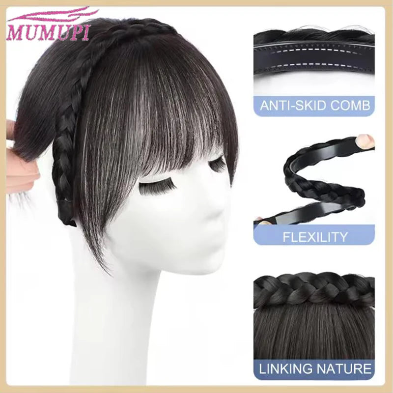 A Headband with Three-Strand Braids And a Twisted Braid Along with a 4-Inch Black And Brown Wig with Bangs