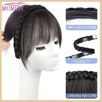 A Headband with Three-Strand Braids And a Twisted Braid Along with a 4-Inch Black And Brown Wig with Bangs