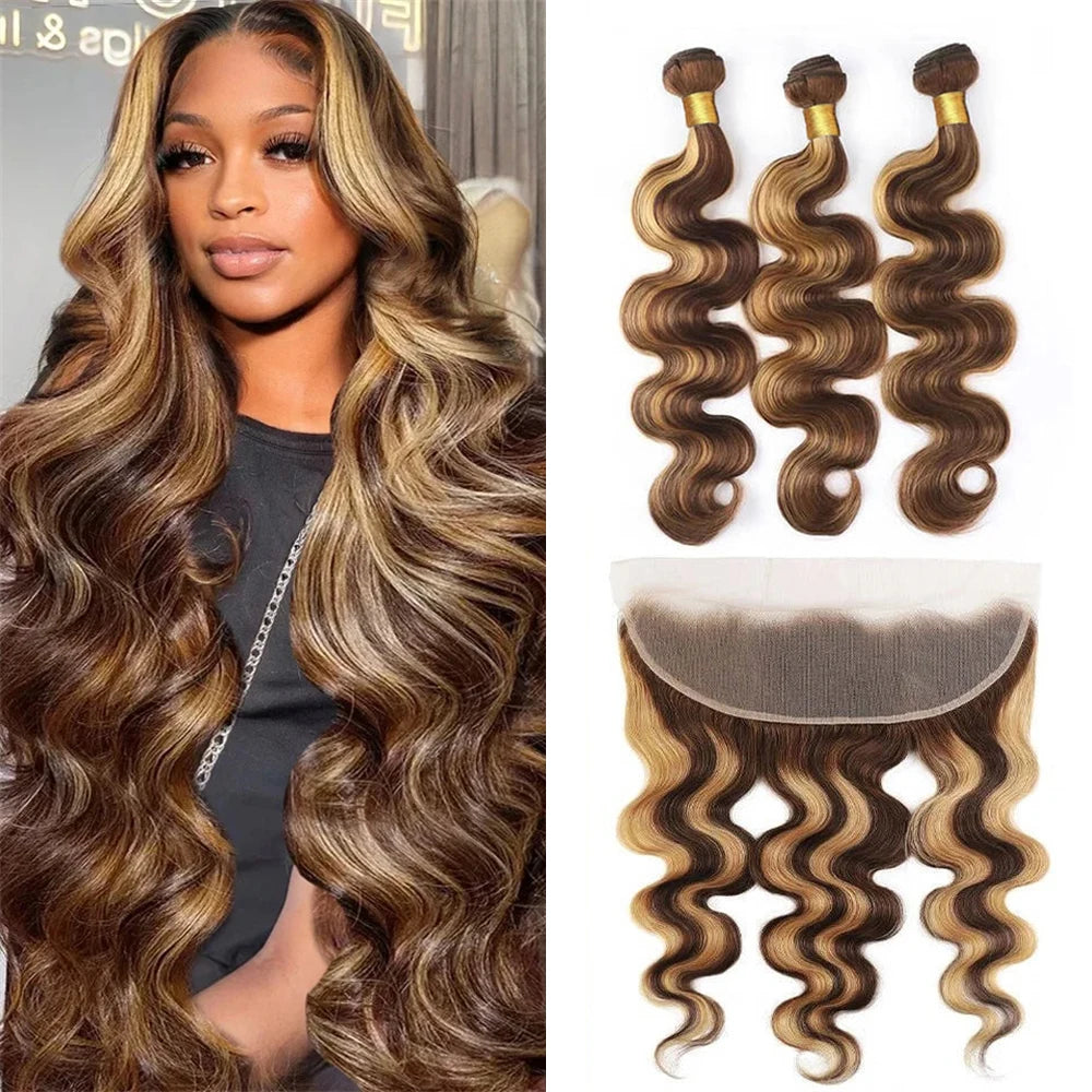 Honey Blonde Bundle With 13x4 Lace Frontal Body Wave Highlight 3 Bundles With Frontal Closure 4/27 Color Human Hair Extensions