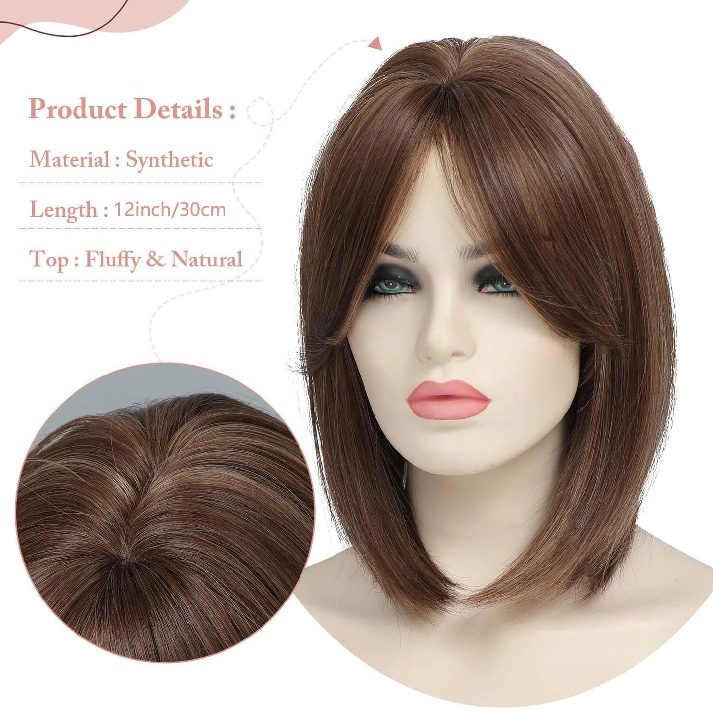 12 inches three clip synthetic wig top hair piece with bangs hair piece, brown bangs wig