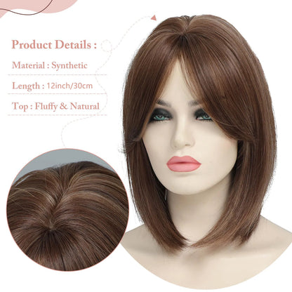 12 inches three clip synthetic wig top hair piece with bangs hair piece, brown bangs wig