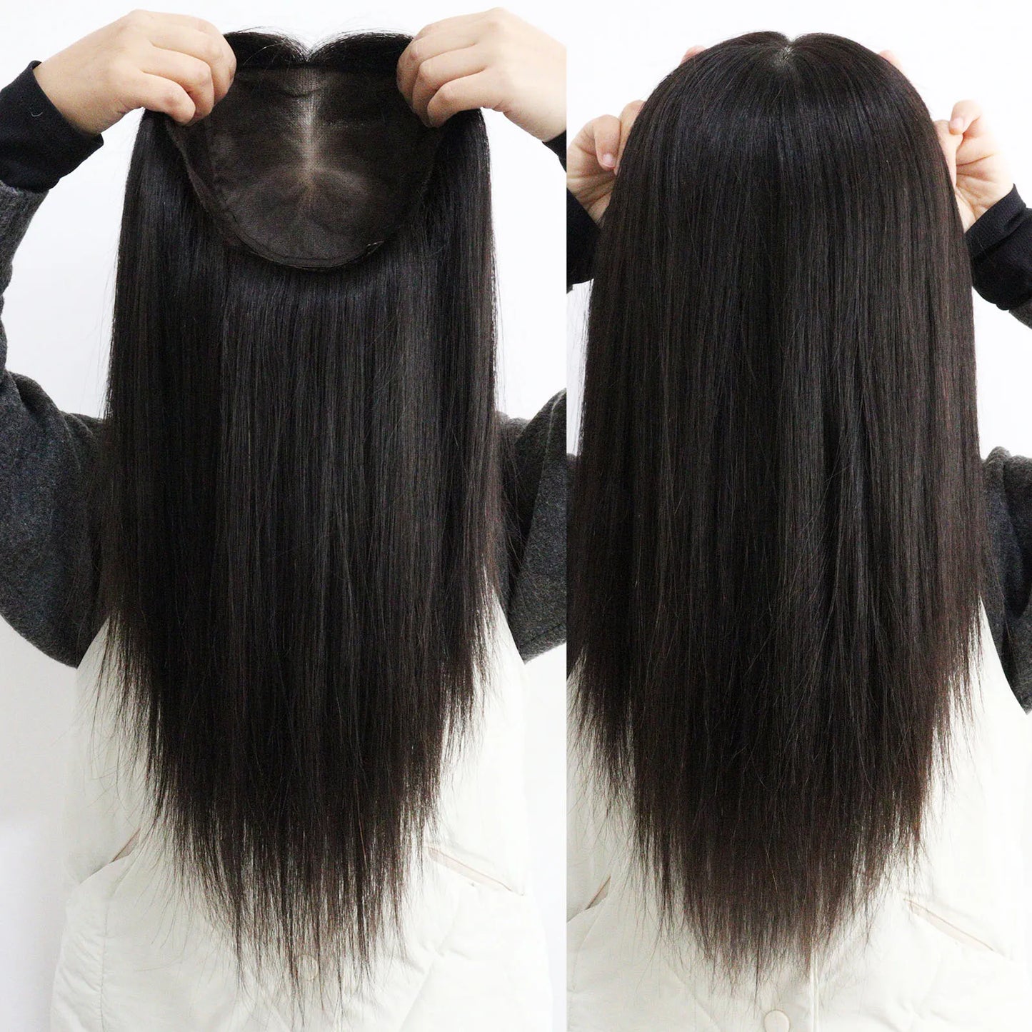 Full Lace Silk Base Wig with PU Front 18" Remy Human Hair Wig for Women Natural Black Silk Top Glueless Wig Natural Scalp