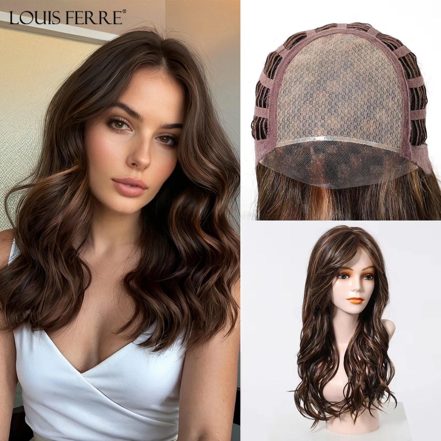 Long Wavy Curly Lace Front Synthetic Wigs for Women Brown With BLonde Highlights MONO Top Wigs Free Part Futura Wigs Glueless