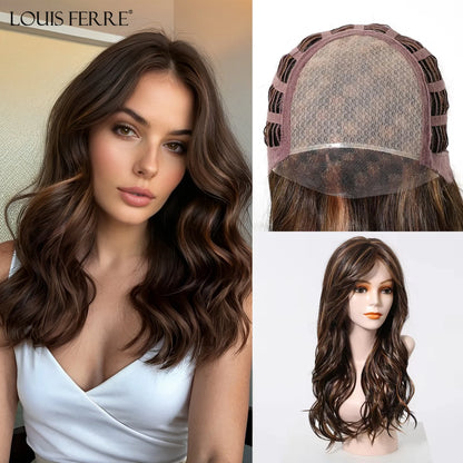 Long Wavy Curly Lace Front Synthetic Wigs for Women Brown With BLonde Highlights MONO Top Wigs Free Part Futura Wigs Glueless