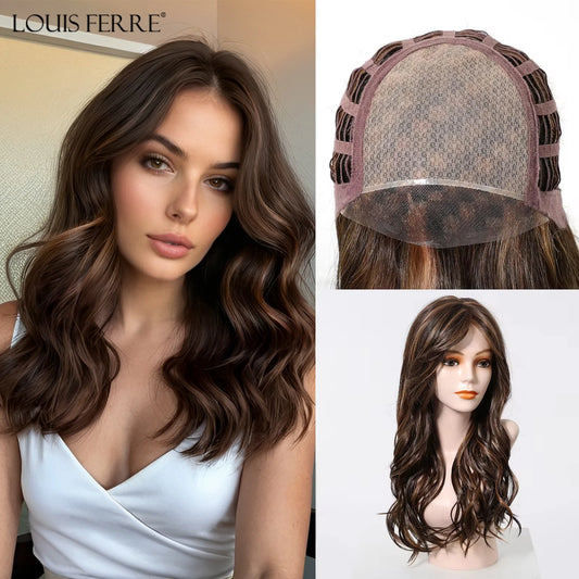 Long Wavy Curly Lace Front Synthetic Wigs for Women Brown With BLonde Highlights MONO Top Wigs Free Part Futura Wigs Glueless