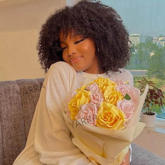 180 250 Density Afro Kinky Curly Human Hair Wigs With Bang For Black Women Brazilian 100% Human Hair Remy Full Machine Made Hair