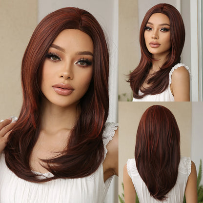 Straight Synthetic Wigs Brown Copper Blonde Mixed Middle Length Wigs with Bangs Blunt Cut Hair for Women Daily Heat Resistant