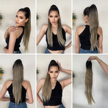 Ponytail Hair Extension Brown Ombre 24inch Long Straight Drawstring Ponytail Natural Pony Tail Synthetic Hairpiece for Women