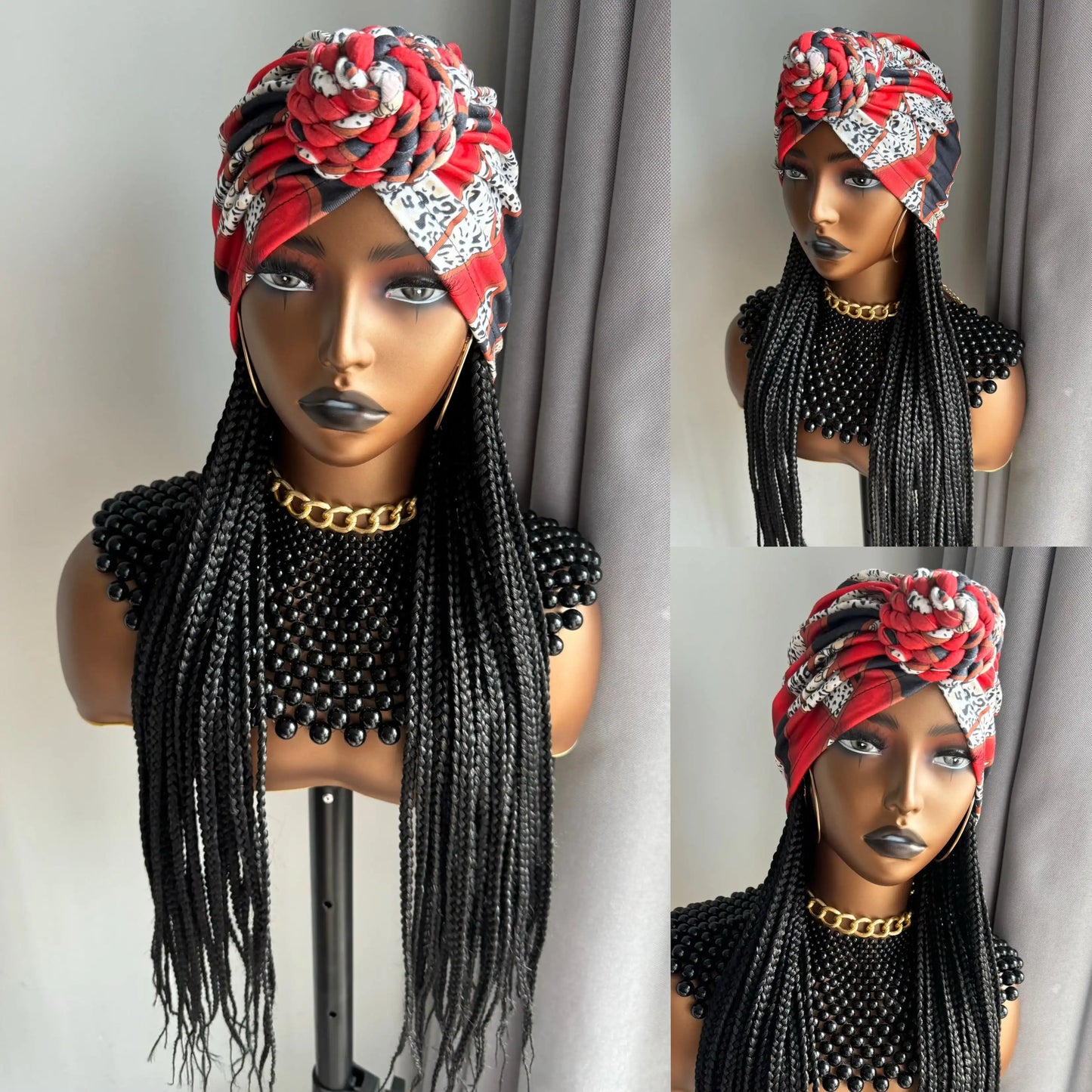 WIGERA Leopard Print Headband Long Braided Synthetic Wig With Turban Hat Box Braiding Hair Extensions Head Scarf  Easy Hairstyle