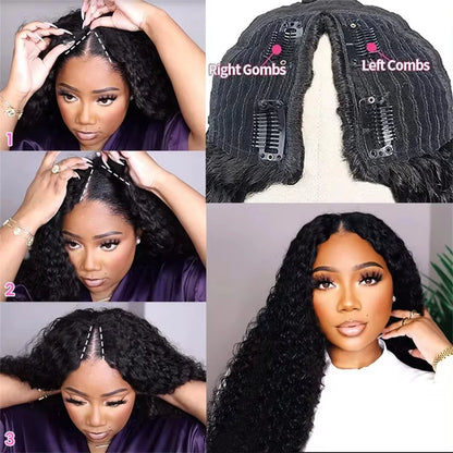 Curly V Part Wig Human Hair 180% V Part Human Hair Wigs for Women Brazilian Remy Water Wave V Part Wig on Sale