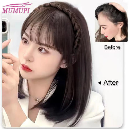 A Headband with Three-Strand Braids And a Twisted Braid Along with a 4-Inch Black And Brown Wig with Bangs