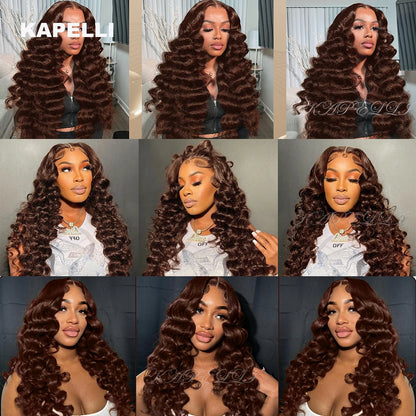 34 Inch Loose Deep Wave 13x4 HD Transparent Human Hair Wig 250 Density Brazilian Water Curly Nature Wave Lace Frontal Wigs Brown