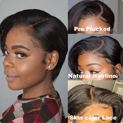 Human Hair 13X2 Wigs Short Pixie Cut Wigs Straight Bob HDTransparent Lace Frontal Wigs For Black Women 250Density Perruque Cheap