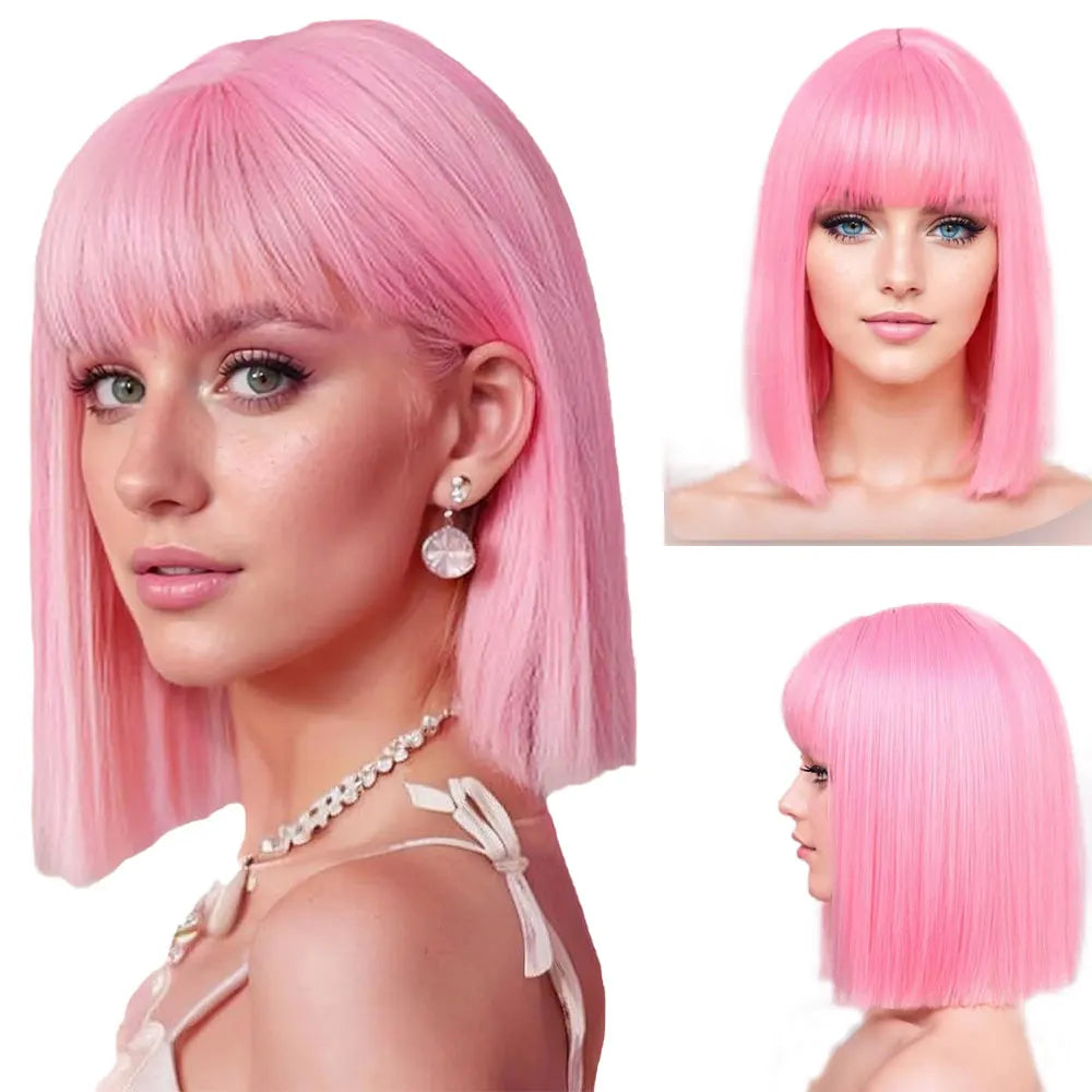 Straight Black Bob Synthetic Wig with Bangs Short Straight Wig For Women Synthetic Hair Wigs for Daily Party Cosplay Wear