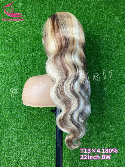 Full Lace Frontal Highlights 613 Brown Blonde Colored 13X4 HD Transparent Lace Front Wigs Body Wave Human Hair Wig For Women