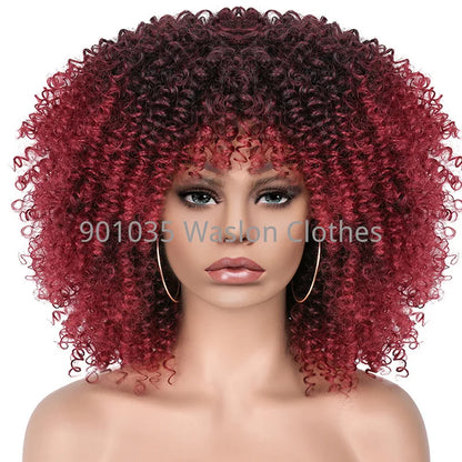 Short Afro Kinky Curly Wig With Bangs For Black Women Synthetic Ombre Glueless Colorful Wig Cosplay Party Halloween Wigs