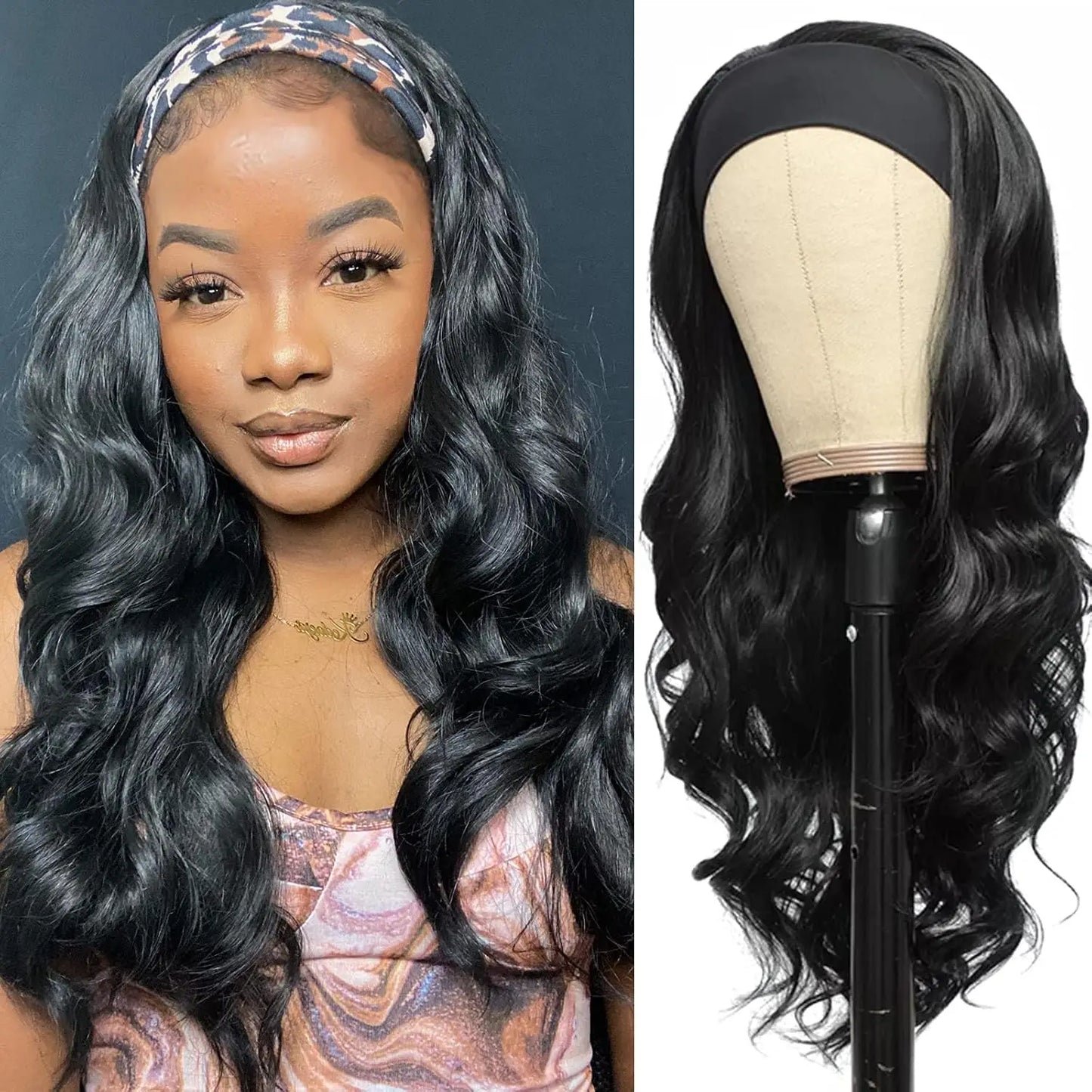 Long Wavy Headband Wig for Women Black Wigs with Brown Blonde Wigs Put On and Go Glueless Wig Long Synthetic Wig Party Daliy Use