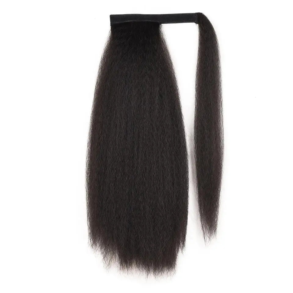 Synthetic Long Kinky Straight Ponytail Extension for Black Women Yaki Wrap Arpund Hair 24 Inch Clip in Magic Paste Black Tail