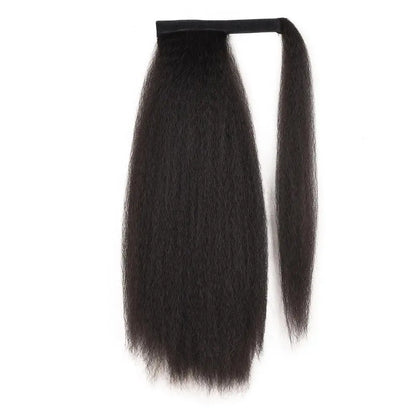Synthetic Long Kinky Straight Ponytail Extension for Black Women Yaki Wrap Arpund Hair 24 Inch Clip in Magic Paste Black Tail