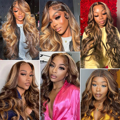 Honey Blonde Bundle With 13x4 Lace Frontal Body Wave Highlight 3 Bundles With Frontal Closure 4/27 Color Human Hair Extensions
