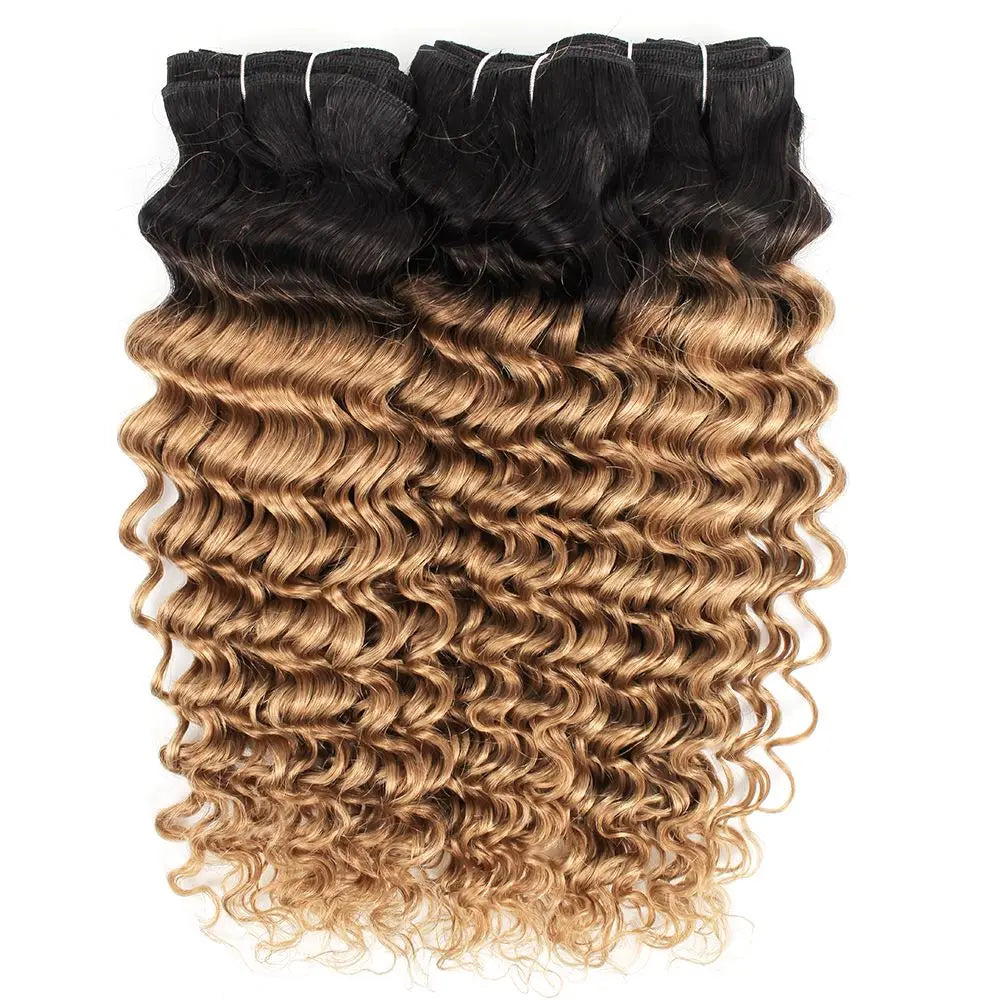 #1B27 Honey Blonde Bundles Deep Wave Hair Bundles Brazilian Hair Weave Human Hair Bundles Deep Wave Hair Bundles 3/4 Bundles