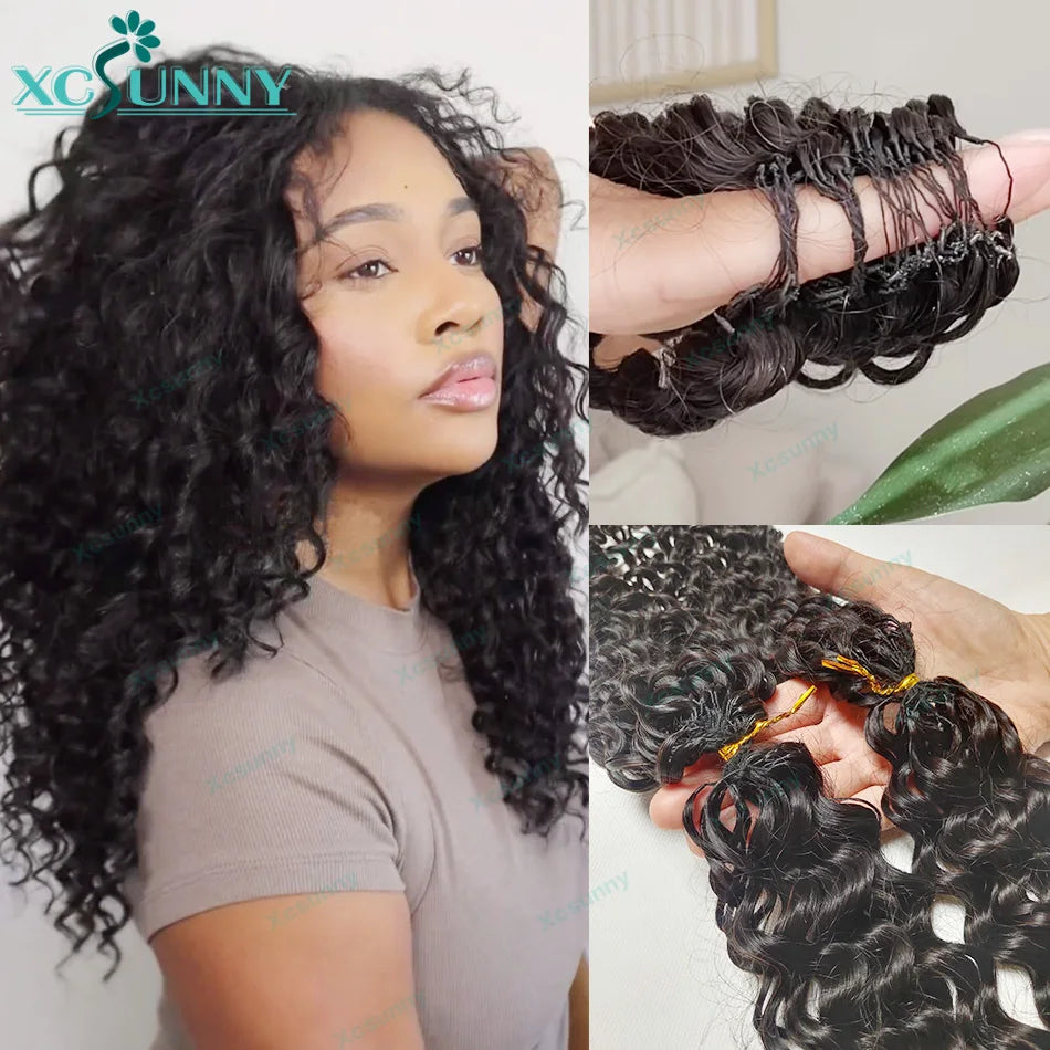 Curly Crochet Human Hair Extensions Knotless Pre Separation Feather Crochet Human Hair Water Wave Invisiable Knot With String